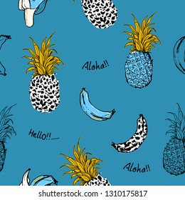 Trendy Seamless pattern in vector Summer fruits pineapple and bananas fill in with animal leopard skin  design for fashion fabric and all prints on sky blue background color