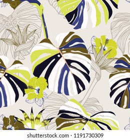 Trendy Seamless pattern vector tropical floral . Modern exotic  jungle and plants illustration in hand drawn style design for fashion,fabric,wallpaper and all prints on light grey background