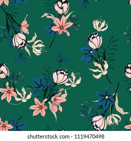 Trendy Seamless pattern vector with tulips flowers. Hand drawing illustration with wild floral for fashion ,fabric, and all prints on deep green forest  background colors.