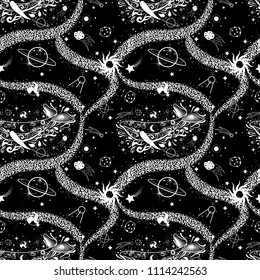 Trendy seamless pattern with whale sailing through the space. Boho illustration of galaxy and milky way.