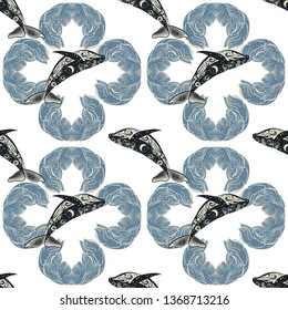 Trendy seamless pattern with whales and dolphins swimming through waves. Boho vintage illustration. Print could be used for yoga mat, phone case, textile.