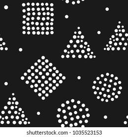 Trendy seamless pattern. White geometric shapes on black background. Modern vector illustration.