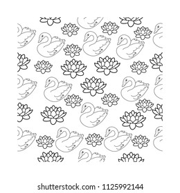Trendy seamless pattern with white swans, water lily  on dark blue background. Night lake art background. Fashion design for fabric, wallpaper, textile and decor.