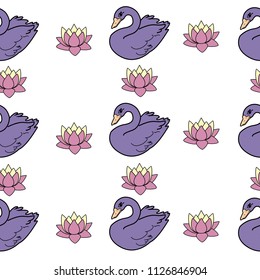 Trendy seamless pattern with white swans, water lily  on dark blue background. Night lake art background. Fashion design for fabric, wallpaper, textile and decor.