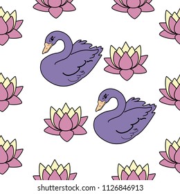 Trendy seamless pattern with white swans, water lily  on dark blue background. Night lake art background. Fashion design for fabric, wallpaper, textile and decor.