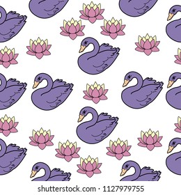 Trendy seamless pattern with white swans, water lily  on dark blue background. Night lake art background. Fashion design for fabric, wallpaper, textile and decor.