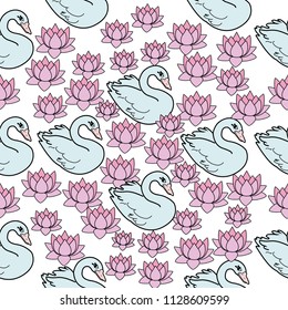 Trendy seamless pattern with white swans, water lily  on dark blue background. Night lake art background. Fashion design for fabric, wallpaper, textile and decor.