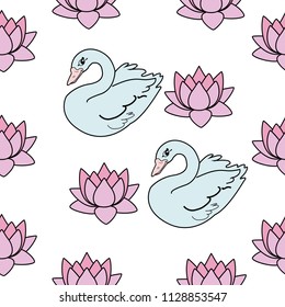 Trendy seamless pattern with white swans, water lily  on dark blue background. Night lake art background. Fashion design for fabric, wallpaper, textile and decor.