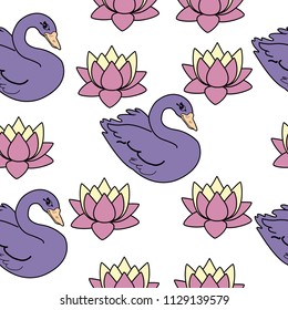 Trendy seamless pattern with white swans, water lily  on dark blue background. Night lake art background. Fashion design for fabric, wallpaper, textile and decor.