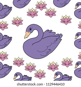 Trendy seamless pattern with white swans, water lily  on dark blue background. Night lake art background. Fashion design for fabric, wallpaper, textile and decor.