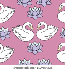 Trendy seamless pattern with white swans, water lily  on dark blue background. Night lake art background. Fashion design for fabric, wallpaper, textile and decor.