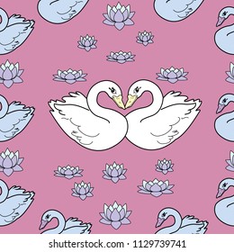 Trendy seamless pattern with white swans, water lily  on dark blue background. Night lake art background. Fashion design for fabric, wallpaper, textile and decor.