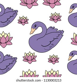 Trendy seamless pattern with white swans, water lily  on dark blue background. Night lake art background. Fashion design for fabric, wallpaper, textile and decor.