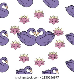 Trendy seamless pattern with white swans, water lily  on dark blue background. Night lake art background. Fashion design for fabric, wallpaper, textile and decor.