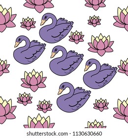 Trendy seamless pattern with white swans, water lily  on dark blue background. Night lake art background. Fashion design for fabric, wallpaper, textile and decor.