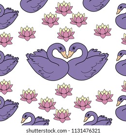 Trendy seamless pattern with white swans, water lily  on dark blue background. Night lake art background. Fashion design for fabric, wallpaper, textile and decor.