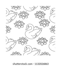 Trendy seamless pattern with white swans, water lily  on dark blue background. Night lake art background. Fashion design for fabric, wallpaper, textile and decor.