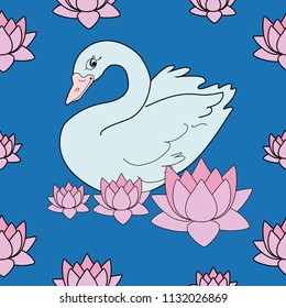 Trendy seamless pattern with white swans, water lily  on dark blue background. Night lake art background. Fashion design for fabric, wallpaper, textile and decor.