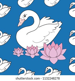 Trendy seamless pattern with white swans, water lily  on dark blue background. Night lake art background. Fashion design for fabric, wallpaper, textile and decor.