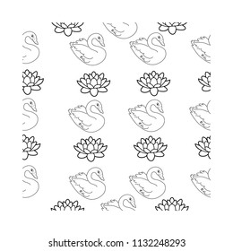 Trendy seamless pattern with white swans, water lily  on dark blue background. Night lake art background. Fashion design for fabric, wallpaper, textile and decor.