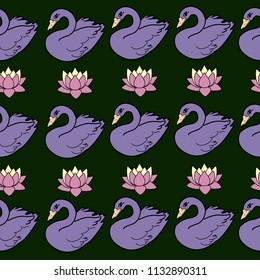 Trendy seamless pattern with white swans, water lily  on dark blue background. Night lake art background. Fashion design for fabric, wallpaper, textile and decor.