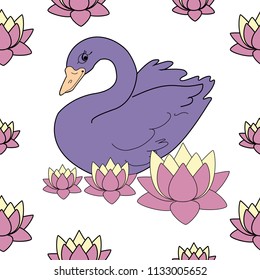 Trendy seamless pattern with white swans, water lily  on dark blue background. Night lake art background. Fashion design for fabric, wallpaper, textile and decor.