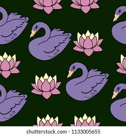 Trendy seamless pattern with white swans, water lily  on dark blue background. Night lake art background. Fashion design for fabric, wallpaper, textile and decor.
