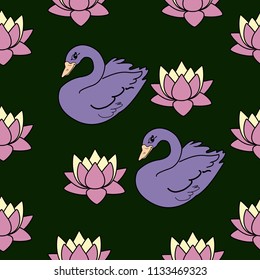 Trendy seamless pattern with white swans, water lily  on dark blue background. Night lake art background. Fashion design for fabric, wallpaper, textile and decor.