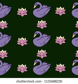 Trendy seamless pattern with white swans, water lily  on dark blue background. Night lake art background. Fashion design for fabric, wallpaper, textile and decor.