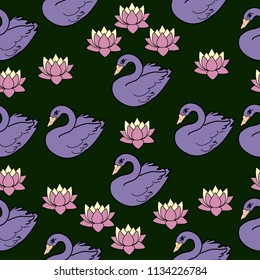 Trendy seamless pattern with white swans, water lily  on dark blue background. Night lake art background. Fashion design for fabric, wallpaper, textile and decor.