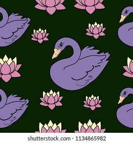 Trendy seamless pattern with white swans, water lily  on dark blue background. Night lake art background. Fashion design for fabric, wallpaper, textile and decor.