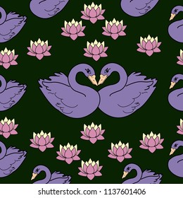 Trendy seamless pattern with white swans, water lily  on dark blue background. Night lake art background. Fashion design for fabric, wallpaper, textile and decor.