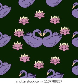 Trendy seamless pattern with white swans, water lily  on dark blue background. Night lake art background. Fashion design for fabric, wallpaper, textile and decor.