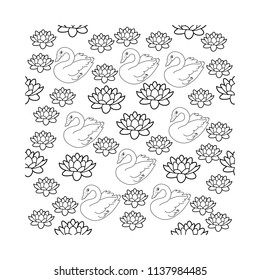 Trendy seamless pattern with white swans, water lily  on dark blue background. Night lake art background. Fashion design for fabric, wallpaper, textile and decor.