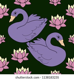 Trendy seamless pattern with white swans, water lily  on dark blue background. Night lake art background. Fashion design for fabric, wallpaper, textile and decor.