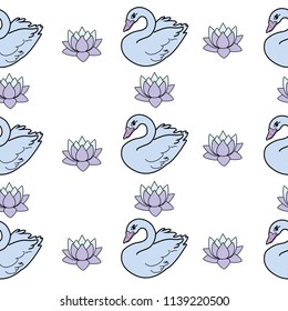 Trendy seamless pattern with white swans, water lily  on dark blue background. Night lake art background. Fashion design for fabric, wallpaper, textile and decor.