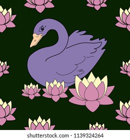 Trendy seamless pattern with white swans, water lily  on dark blue background. Night lake art background. Fashion design for fabric, wallpaper, textile and decor.