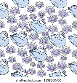 Trendy seamless pattern with white swans, water lily  on dark blue background. Night lake art background. Fashion design for fabric, wallpaper, textile and decor.