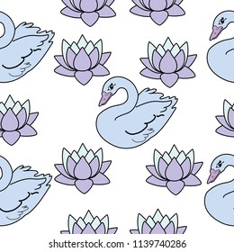 Trendy seamless pattern with white swans, water lily  on dark blue background. Night lake art background. Fashion design for fabric, wallpaper, textile and decor.