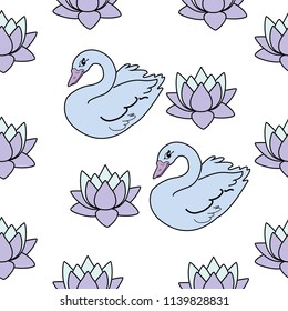 Trendy seamless pattern with white swans, water lily  on dark blue background. Night lake art background. Fashion design for fabric, wallpaper, textile and decor.