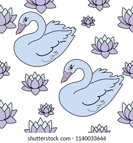 Trendy seamless pattern with white swans, water lily  on dark blue background. Night lake art background. Fashion design for fabric, wallpaper, textile and decor.