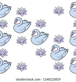 Trendy seamless pattern with white swans, water lily  on dark blue background. Night lake art background. Fashion design for fabric, wallpaper, textile and decor.