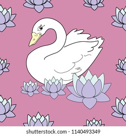 Trendy seamless pattern with white swans, water lily  on dark blue background. Night lake art background. Fashion design for fabric, wallpaper, textile and decor.