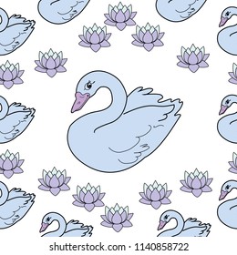 Trendy seamless pattern with white swans, water lily  on dark blue background. Night lake art background. Fashion design for fabric, wallpaper, textile and decor.