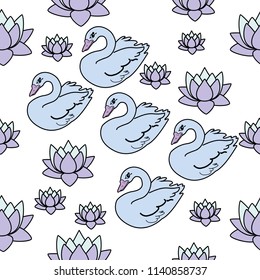 Trendy seamless pattern with white swans, water lily  on dark blue background. Night lake art background. Fashion design for fabric, wallpaper, textile and decor.