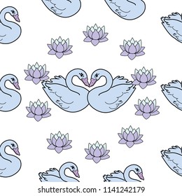 Trendy seamless pattern with white swans, water lily  on dark blue background. Night lake art background. Fashion design for fabric, wallpaper, textile and decor.