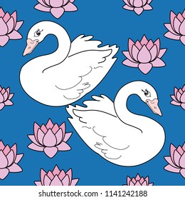 Trendy seamless pattern with white swans, water lily  on dark blue background. Night lake art background. Fashion design for fabric, wallpaper, textile and decor.
