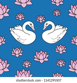 Trendy seamless pattern with white swans, water lily  on dark blue background. Night lake art background. Fashion design for fabric, wallpaper, textile and decor.