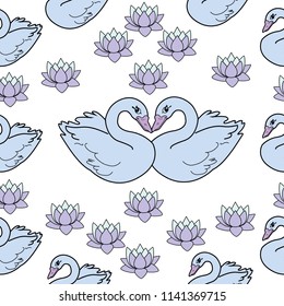 Trendy seamless pattern with white swans, water lily  on dark blue background. Night lake art background. Fashion design for fabric, wallpaper, textile and decor.