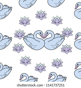 Trendy seamless pattern with white swans, water lily  on dark blue background. Night lake art background. Fashion design for fabric, wallpaper, textile and decor.